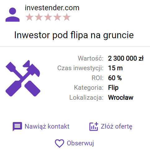Investender nieruchomości: Inwestor pod flipa na gruncie, Wartość: 2 300 000 zł, Czas inwestycji: 15m, ROI: 60%, Kategoria: Flip, Lokalizacja: Wrocław