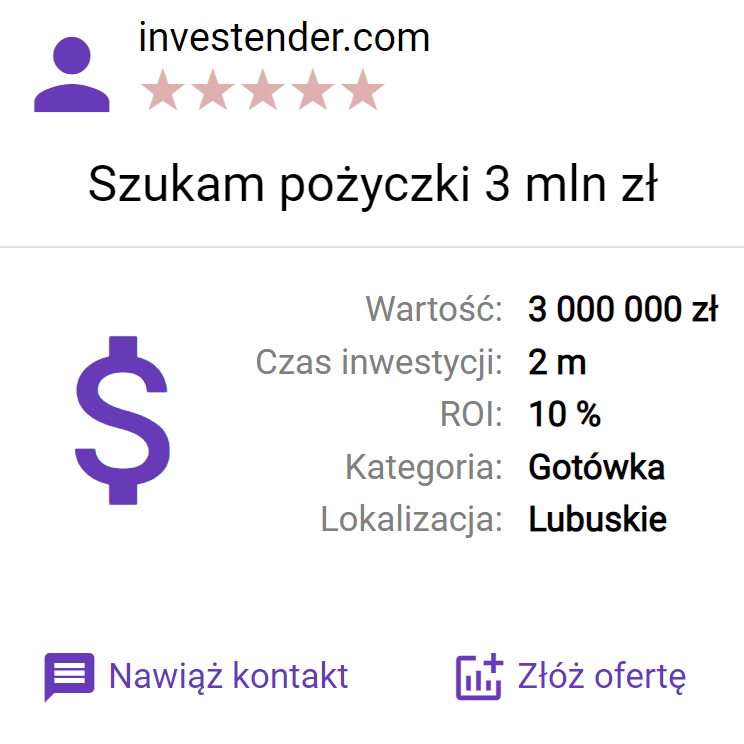 Investender nieruchomości: Szukam pożyczki 3 mln zł, Wartość: 3 000 000 zł, Czas inwestycji: 2m, ROI: 10%, Kategoria: Gotówka, Lokalizacja: Lubuskie
